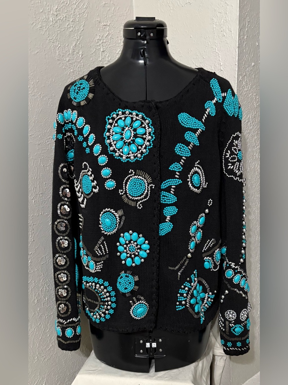• VTG Michael Simon Southwestern Turquoise Beaded Embellished Cardigan Sweater L